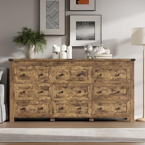 Image of BORNOON 9-Drawer Dresser, Modern Wooden Storage Chest of Drawers, Dresser TV Stand, Wood Drawer Organizer with Metal Handles for Bedroom, Living Room, Hallway