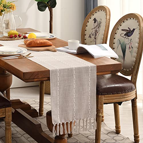Wracra Rustic Linen Table Runner Farmhouse Style Table Runners 72 Inches Long Embroidered Table Runner With Hand-Tassels For Party, Dresser Decor And Dining Room Decorations(Light Coffee, 13"×72") #TOP6