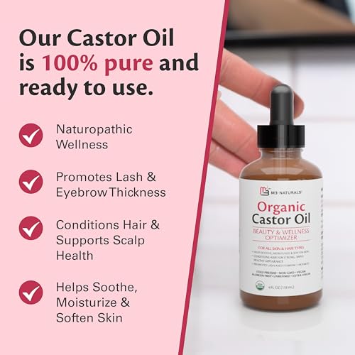 Image of 100% Pure Organic Castor Oil for Hair, Lash and Eyebrow Growth, Lymphatic Drainage and Skin Hydration | Hexane-Free, Cold Pressed, Unrefined in a 4 fl oz Glass Bottle with Dropper by M3