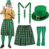Pasimy St Patrick's Day Costumes Kit Include Adult Irish Plaid Green Kilt Suspenders with Cups Hat Sock for Men Women(Classic Style)