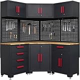 Tsnritor Corner Workshop Set,10Pcs Garage Cabinets and Storage System with Corner Cabinet, Cabinet Drawers, Workbench, Pegboard for Tool Organization, Red Handle