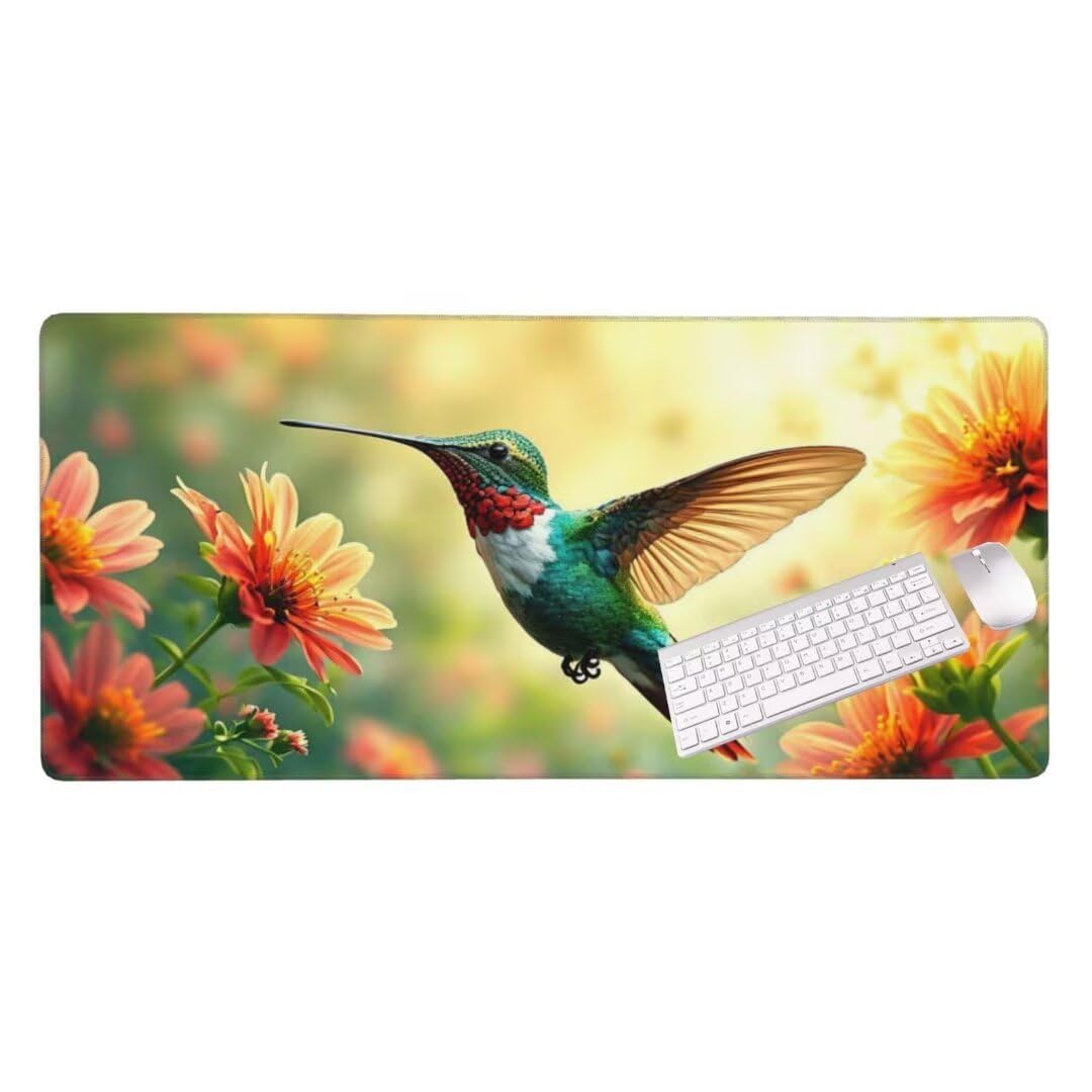 Alfombrilla de ratón 1400x600x3 MM, Alfombrilla Ratón XXL Extendida de Gran Tamaño con Bordes Cosidos, Base de Goma Antideslizante Almohadilla para Teclado, Flores de pájaro S-10049