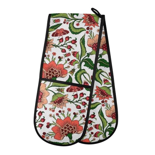 Double gant de cuisine rétro avec fleurs rouges et feuilles résistantes à la chaleur pour barbecue, cuisson, grillades au micro-ondes