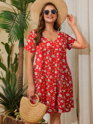 Image of ZENNILO Women's Plus Size Swing Dress with Pockets Casual Summer Dresses V Neck Short Sleeve T Shirt Dress for Women