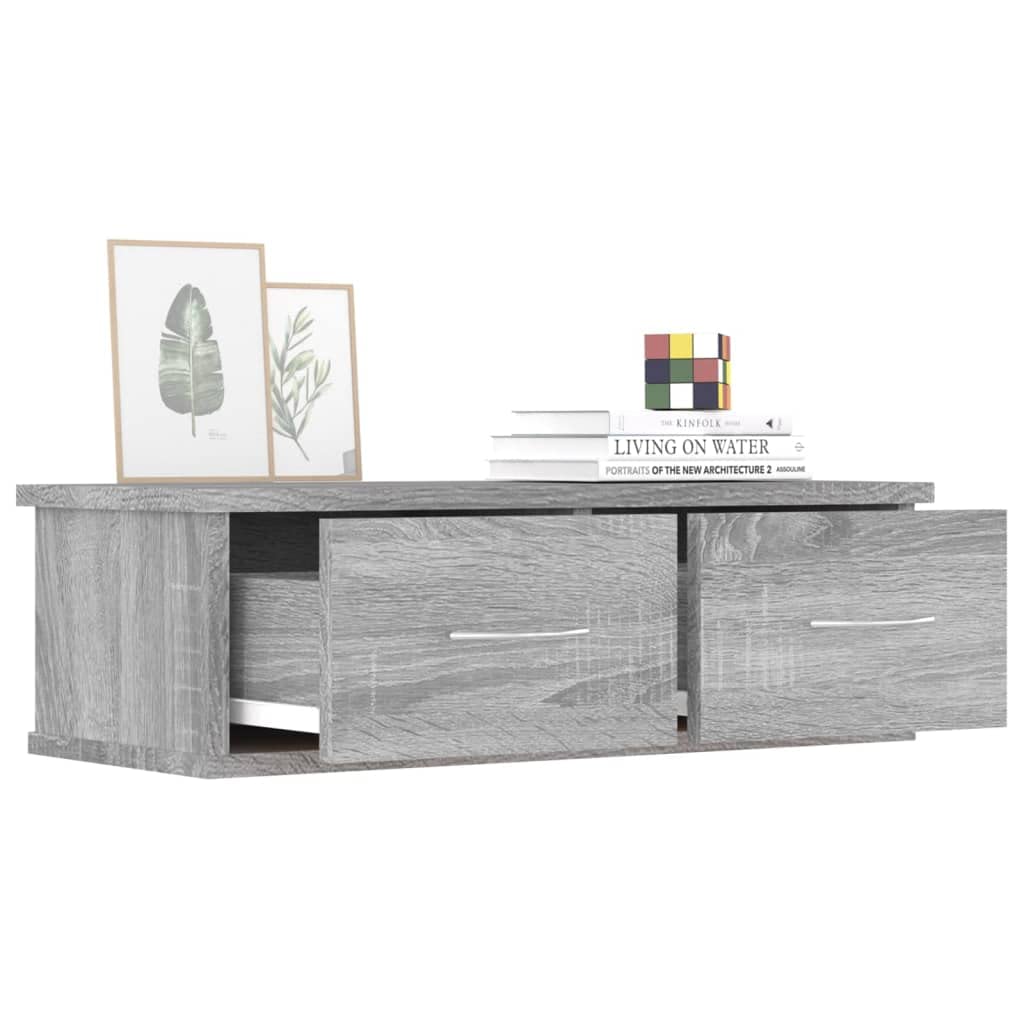 Estantería de pared, 60 x 26 x 18,5 cm, madera Sonoma gris, con 2 cajones, diseño moderno, para salón, pasillo, dormitorio, cocina