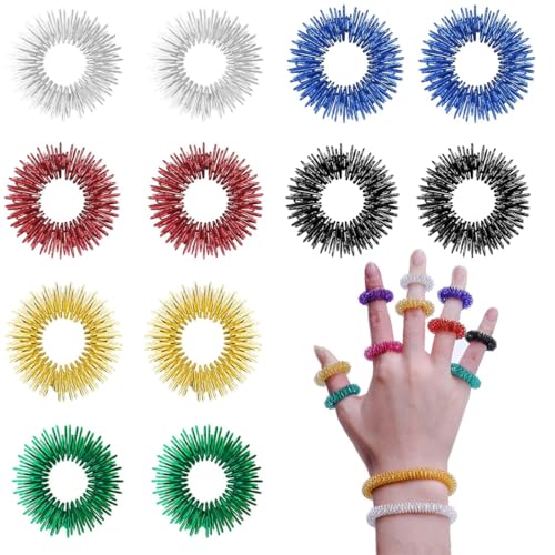 Juego Anillos Acupresión, 12 Piezas Acupresión Anillos Masaje con Puntas, Anillos Masaje Relajantes Silenciosos, para Las Yemas de los Dedos de Adultos y Adolescentes, Multicolor