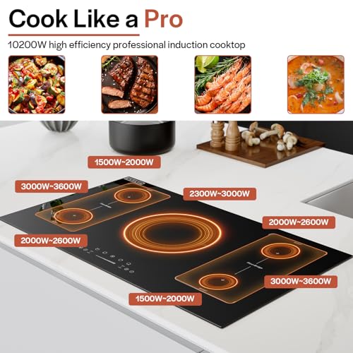 Image of Empava 36 Inch Electric Induction Cooktop 5 Burners, Flat Glass Top Stove with Bridge Function, Timer, Pause, Child Lock, Booster, Slider Level Control, Auto Shutdown, Auto Pan Detection