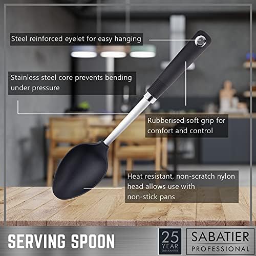 Sabatier Professional Nylon Serving Spoon - Anti-Scratch for Non-Stick Pans. Dishwasher Safe. Stainless Steel Core and Soft Grip Handle. Ideal Cooking Utensil. 25 Year Guarantee.