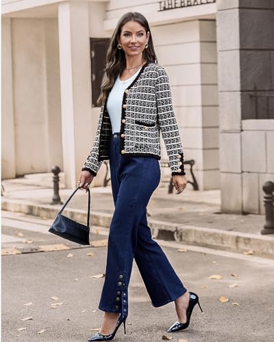 Belle Poque Women Cardigan Sweaters Tweed Pattern Jacket V Neck Sweater Blazer with Button for Fall Winter Spring4