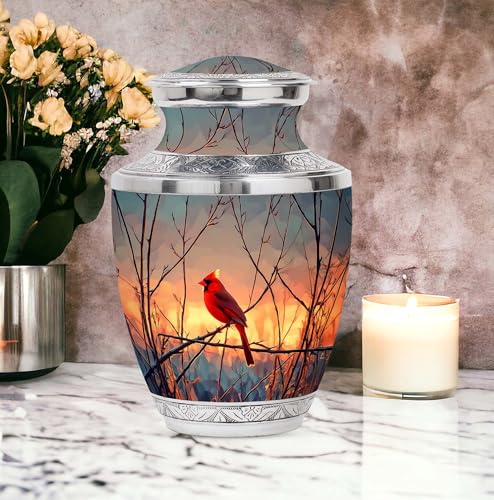 Image of Cardinal Bird Urn Mini Urns for Human Ashes Adult Man 1 Large & 2 Small | Large Burial Urn for Male & Female, Cremation Urns Human Remains