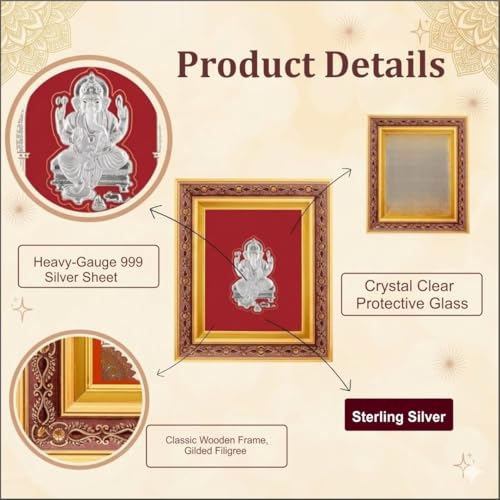 Image of 999 Pure Silver Ganeshji Frame | Divine HomeDecor | Wall Mount Square Photo for Gift, Wooden PhotoFrame for Temple, Office Decor | wall hanging (10.50 inch x 9 inch Inch)