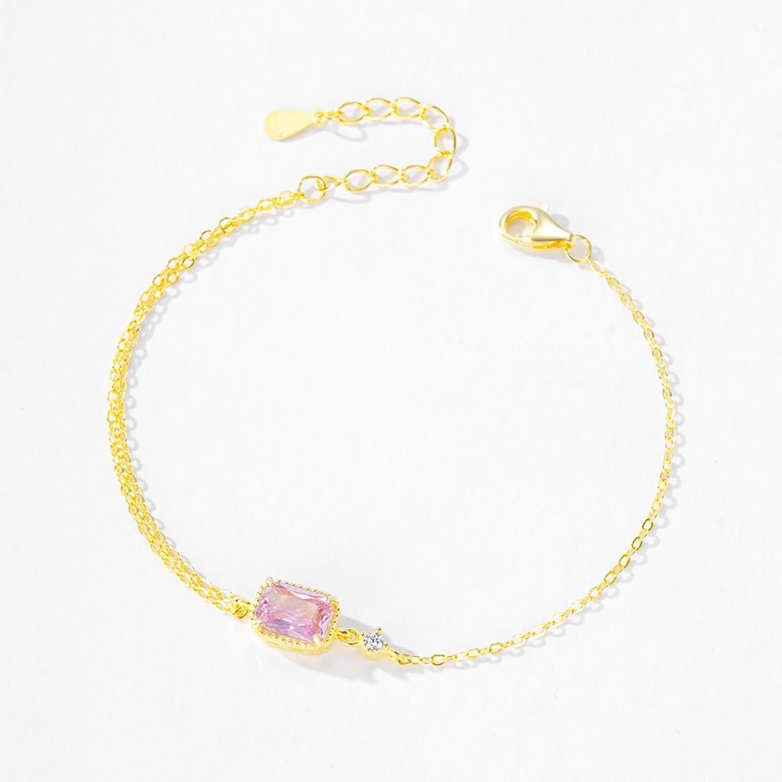 Pulseras Mujer de Oro 9 K / 14 K / 18 K, Rectángulo con Zafiro Rosa Creado de 0,5 ct y Moissanita, Cadena Extensible 16 CM + 5 CM, Pulseras para Mujer de Oro