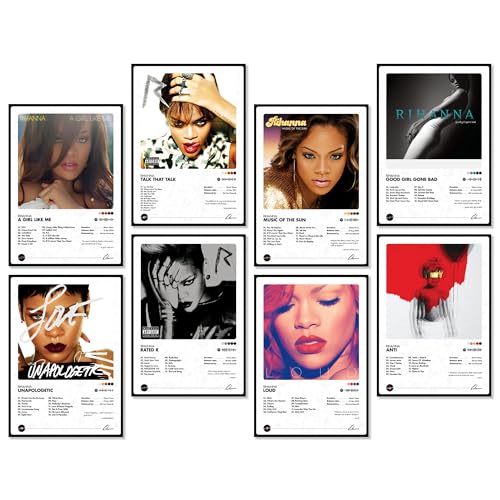Image of Thepaper9store Pack of 8 - Rihanna Music Album Art Wall Posters (8.4 x 12 Inch) Adhesive Tape Included | Aesthetic Wall Decor for Bedroom, Living Room, Office