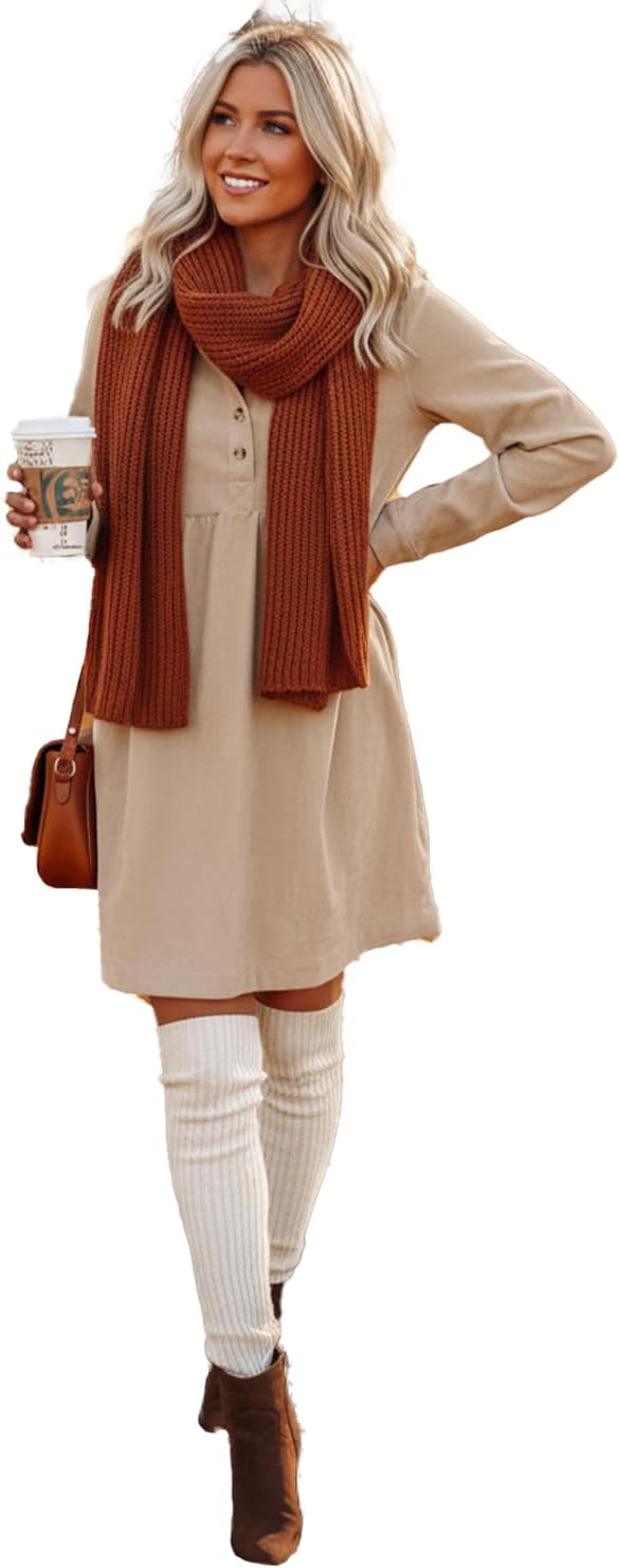 Womens Corduroy Dresses Button Up Collared Long Sleeve Fall Winter Casual Mini Babydoll Dress with Pockets - Image 5