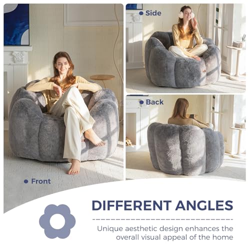 Image of MAXYOYO Bean Bag Chair for Adults, Floral Shaped Bean Bag Sofa, Ultra Soft Faux Fur Floor Sofa, Large Reading Chair for Living Room Bedroom, Dark Grey, Single