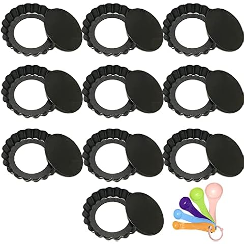 New Brand 10 pcs 4 inch Mini Quiche Tart Tins Round Individual Pie Dish for Baking Pans with Removable Loose Bottom Base Non Stick Fluted Kitchen Bakeware Trays Pastry Flan Dishes Black Cover