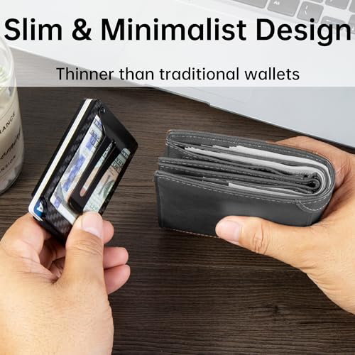 Image of Minimalist Carbon Fiber Wallet for Men, Money Clip Cash Strap Wallet, RFID Blocking Metal Wallet Aluminum Card Holder,Front Pocket Wallet