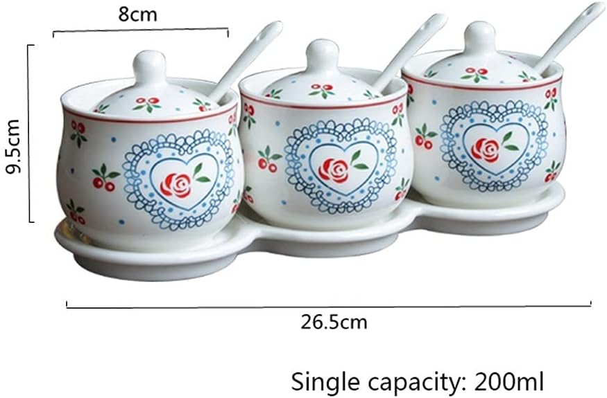 Seasoning Bottle Set Set of 3 White Ceramic Sugar Bowls Condiment Pots Spice Jars Seasoning Box Set with Lid Spoon and Tray Used in Kitchen Restaurant Salt Sugar Spice Spice Bottle Set(F)