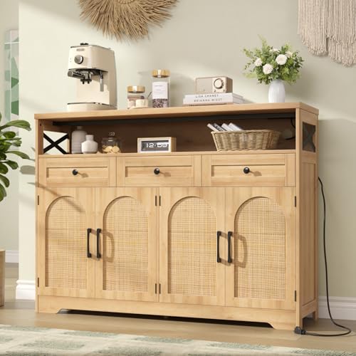 Befrases Sideboard Buffet Cabinet, 51.2\'\' Buffet Storage Cabinet with Rattan Doors and Drawers, Wood Coffee Bar with Storage for Kitchen, Dining Room, Living Room