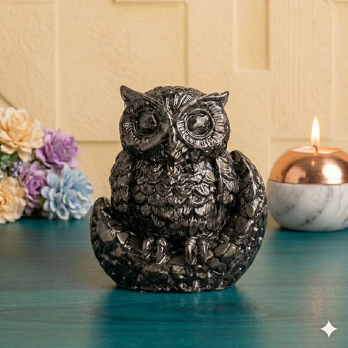Image of Pyrite Owl with Moon Base (Maa Laxmi Ji Vahan & Shani Dev Priya) for Dhan Wealth Protection | Vastu Feng Shui Money Attraction Owl | Home Office Decor Good Luck Gift