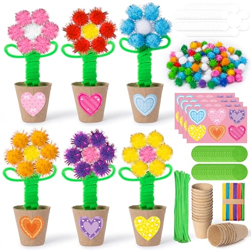 WATINC Mothers Day Flower Paper Pot Craft Kits - 36 Pack Springtime Pom Pom Flower Decorations Make Your Standing Glitter Gift Crafts Fun DIY Decor Home School Classroom Art Activities
