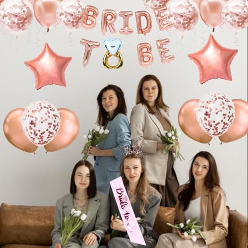 Image of Wanna Party Bride To Be Decoration Set Combo -38 Pcs| Bride To Be Tiara Headband | Bride To Be Sash | Bride To Be Banner (Balloon) |Rose Gold Confetti Balloons I Bride to be Props