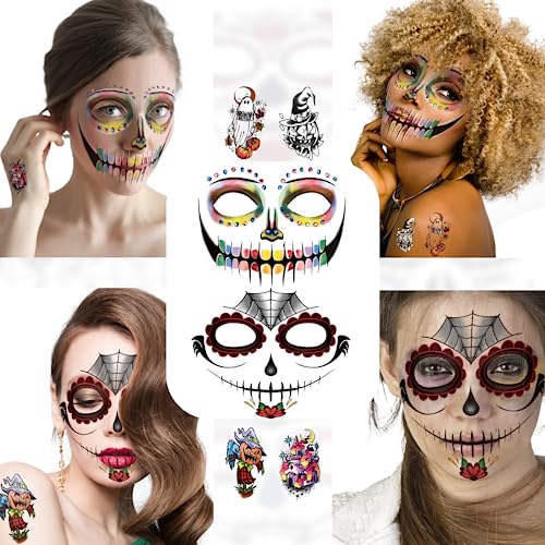 50 Sheets Halloween Temporary Tattoo Family Set Day of Dead Pumpkin Ghost for Women Black Fake Death Skull Floral Skeleton Tatoos for Men Boy Girl Halloween Zombie Makeup Tattoo Party Favor Supplies - Image 2