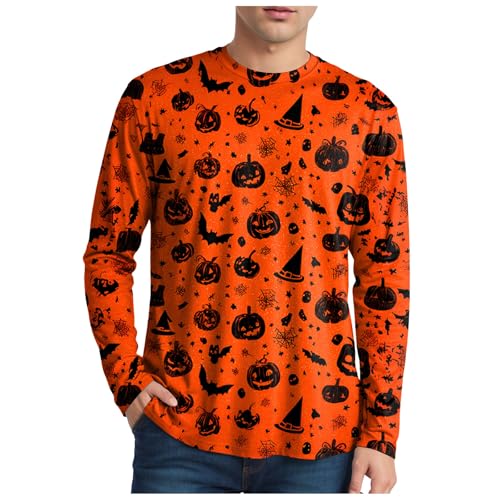 Tシャツ メンズ ハロウィン 長袖 おもしろ 丸首 面白い シャツ 大きいサイズ 仮装 衣装 ゆったり カボチャ かぼちゃ 幽霊 薄手トップス 個性的 派手 プルオーバー 文化祭 パーティ 余興 (Orange, XXL)