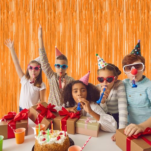 Image of ZATAYE 2 Pack Orange Halloween Foil Curtain Streamer Decorations | Orange, Metallic Foil, 3.28 x 7.05 FT, Tinsel Backdrop, Foil Curtain Streamer, Halloween Party, Photo Booth Door Wall Decor