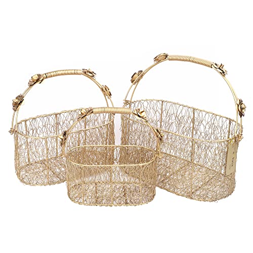 Image of metal meshwire multipurpose hamper Fancy Basket /Tray /Platter (Set of 3) with handles for Packing, Gifting, Decoration - Golden (8 * 4 * 4, 10 * 5 * 6, 12 * 6 * 6 inch)