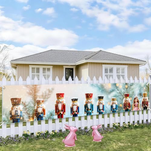 Image of Nutcracker Christmas Outdoor Banner 78.7 x 17.7 Inch Colorful Soldier Figures Snowy Background Festive Holiday Scene for Yard Garden Fence Porch or Patio Decoration
