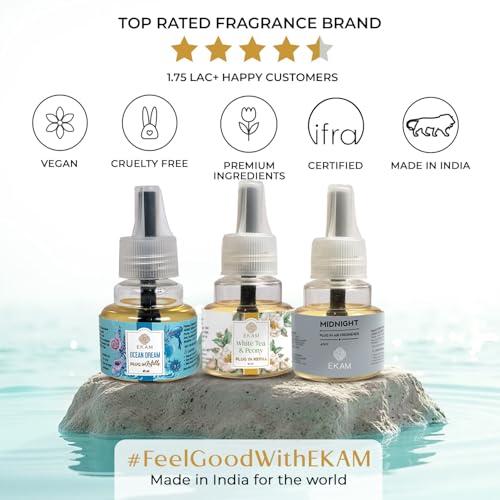 Image of EKAM | Combo Pack Of 3 | Floral & Fresh Fragrance Scented Plug-In Air Freshener Refill liquid| 45ml Each | Lasts up to 125 Days Each / 500 Hours Each | Perfect for Living Rooms, Bedrooms & More