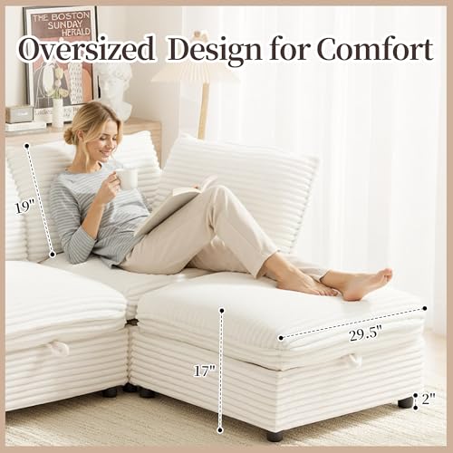 Image of Oversized Corduroy Modular Sectional Sofa Bed with Hidden Storage, Convertible L U Sleeper Couch, 6-Seat Modular Sofa Free Combination with Ottoman & Removable Covers for Living Room, Black