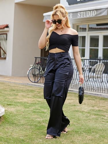 Satin Cargo Pants for Women High Waisted Wide Leg Silky Dressy Club Outfits with Pockets Casual Streetwear3