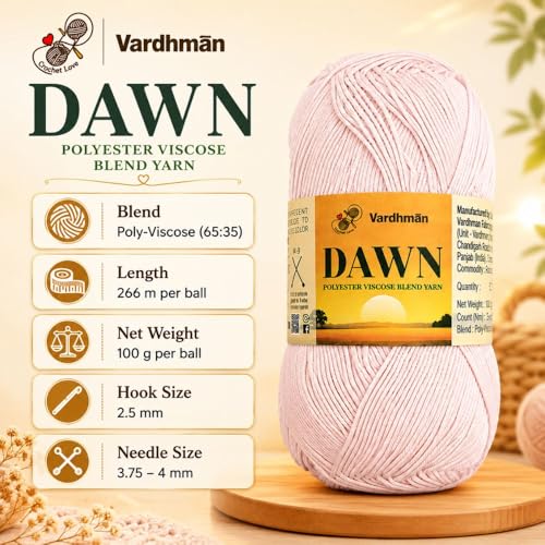 Image of Vardhman Dawn Polyester Viscose Yarn - Soft Yarn for Knitting, Crochet & DIY Craft Projects | Ideal for Garments, Toys, Accessories & Home Decor | Pack-1 Ball, 100g Each DAL008