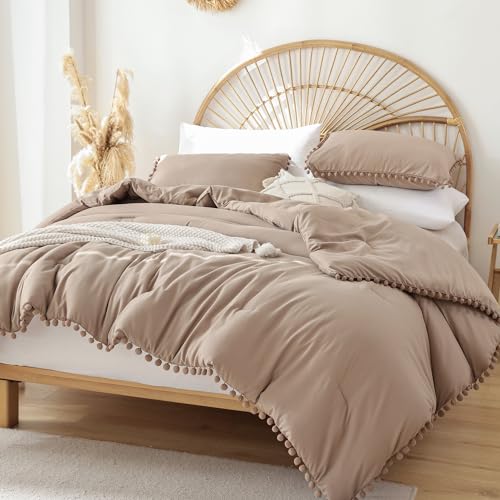 YIRDDEO King Size Comforter Set - King Size Comforter with Ball Pom Fringe, Soft King Bedding Set for All Seasons - 3 Pieces, 1 Comforter (104"x90"inches) & 2 Pillow Shams(20"x36"), Taupe