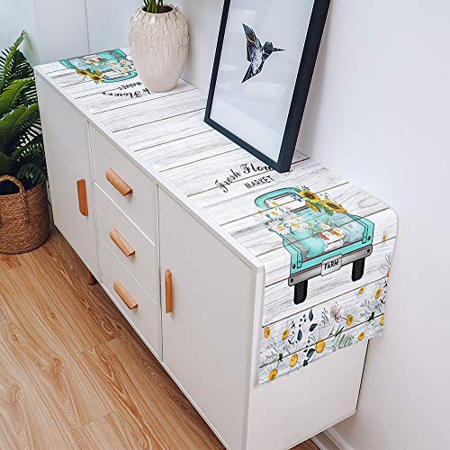 Cotton Linen Table Runners 16 X 72Inch, Farm Truck Loads Daisy Sunflowers Non-Slip Table Top Decor Bed Runners For Kitchen/Farmhouse/Hotel All Season Use, Flowers Market Retro Wood 72Inches Long #TOP3