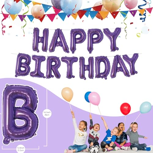Image of Dark Purple Happy Birthday Balloons Banner 16 Inch Mylar Foil Letters, Inflatable Party Decor and Birthday Decorations for Women, Men, Boys & Girls Kids and Adults, Reusable, Party Supplies