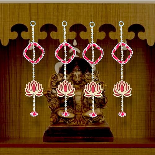 Image of Rajasthan Kraft Lotus Hanging Decoration with Red Moti Chudi Beads | Pack of 4 (16 x 4 Inch)| Red & Gold Wall /Door Decor for Diwali, Navratri & Pooja(RK-36203-2).