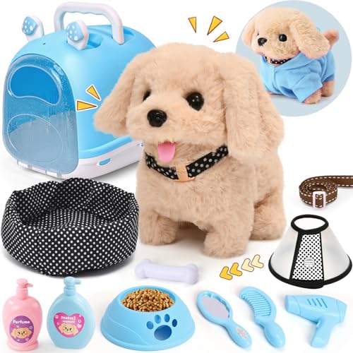 Tacobear Chien Jouet Enfant avec Mallette de Transport Manteau Laisse, Peluche Chien Robot Qui Marche et Aboie Animaux Électronique Interactif Jouet pour 3 4 5 6 Ans Fille Garçon Cadeau