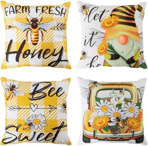 Set of 4 Square Cushion Cover 45x45cm Sunflower Bees yellow Pillo...