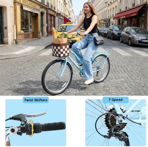 26 Inch 7-Speed City Commuter Bike with Lock & Detachable Basket High-Tensile Steel Frame, Lightweight Alloy Wheels & V-Brakes for Urban Riding