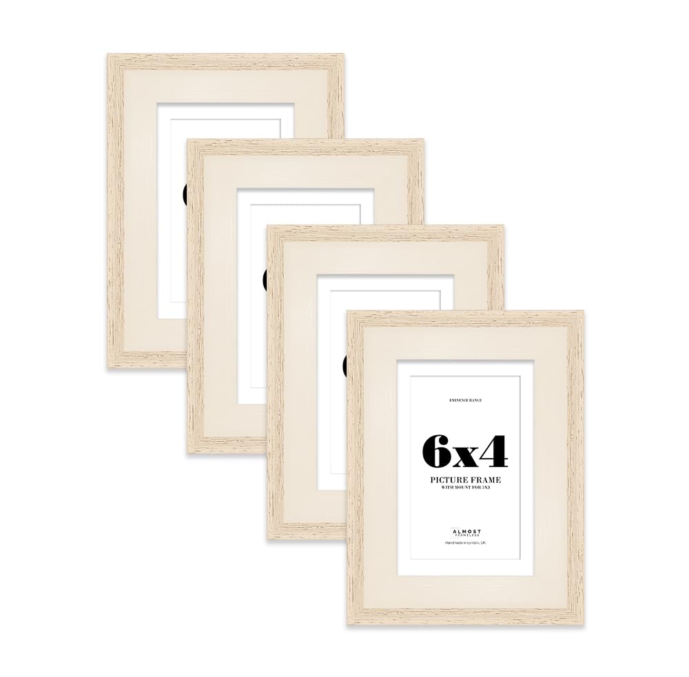 6x4" Oak Picture Frame with 5x3" Mount - Shabby Chic Photo Frame with Distressed Finish, Wall Hooks and Kickstand, 32mm Edge - 4 Pack