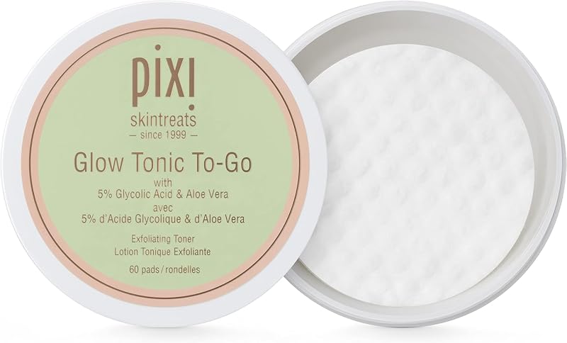 Tónico Glow para llevar | Tónico exfoliante suave y equilibrante | Almohadillas de ácido glicólico para una piel radiante y brillo diario | Exfoliante facial con fórmula sin alcohol | 60 almohadillas