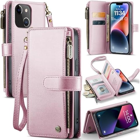 CaseMe for iPhone 14 Wallet Case with RFID Blocking, Phone Case for iPhone 14 with Card Holder for Women Men, Durable Kickstand Zipper Shockproof Case for iPhone 14, Pink Cover