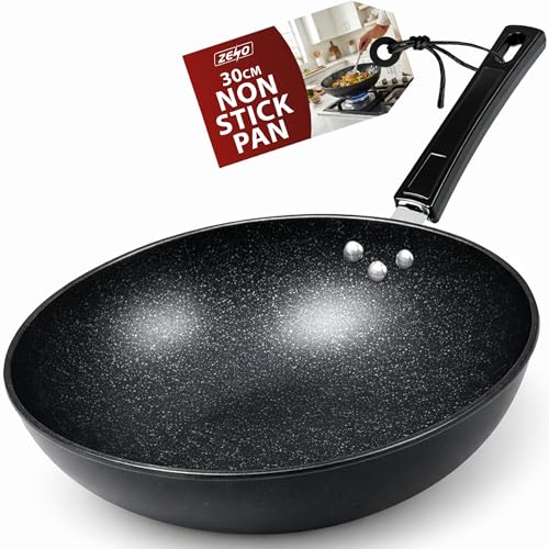 ZENO Non Stick Frying Pan 30cm | Wok Frying Pan | Frying Pans with Granite Induction for Induction, Electric and Gas Hobs | Omelette Pans | Black