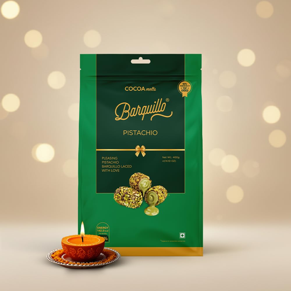 Barquillo Premium Pistachio Coated Chocolate Pouch -20 Pcs (400 gm) | Pista Cream Filled Biscuit Roll imported | Dubai couverture taste | Diwali Gift Pack Celebration specially for Festivals