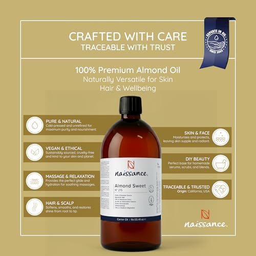 Foto von Naissance Natürliches Süßes Mandelöl (Nr. 215) 1 Liter – Vegan, Gentechnikfrei – Ideal zur Haar– und Körperpflege, für Aromatherapie und als Basisöl für Massageöle