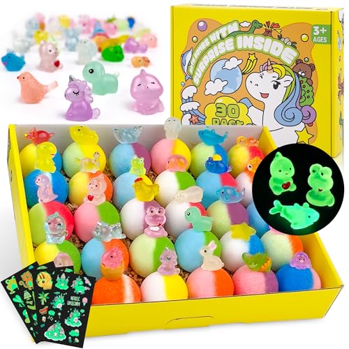 Bath Bombs for Kids with Toy Inside 30 PCS Natrual and Organic Bubble Bath Bombs with Glow-in-The-Dark Surprise Inside Perfect Handmade Birthday Party for Boys and Girls.