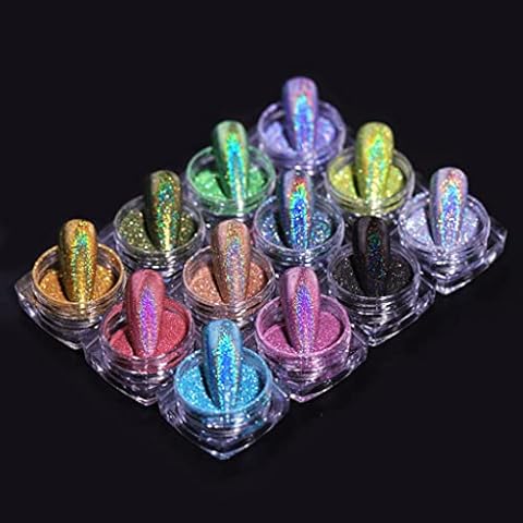 MKNZOME Holographic Ultra Fine Glitter Powder Set, Rainbow Neon Pearl Pearl Pigment Manicure Glitter Dust - Laser Chameleon Rainbow Powder (12 colors) Cover